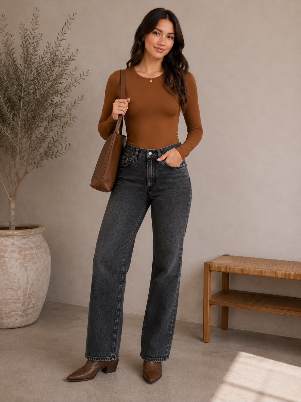 Nuuds Long Sleeve Crewneck Bodysuit Brown Fitted Stretch Minimalist Capsule